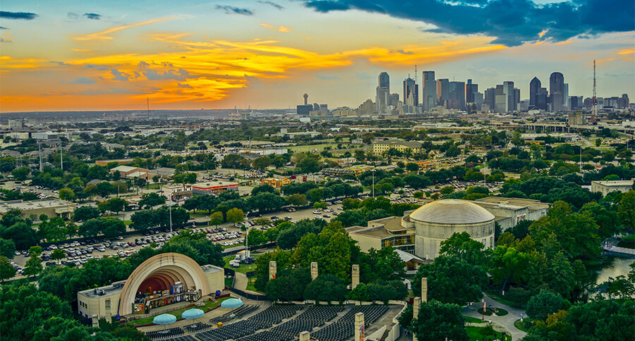 Overview photo of Dallas including skyscrapers and neighborhoods