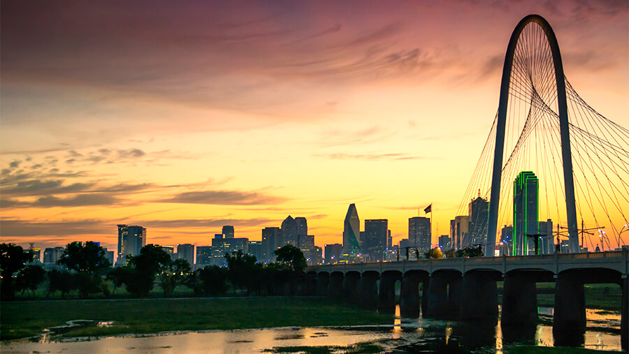 Dallas cityscape during a sunset